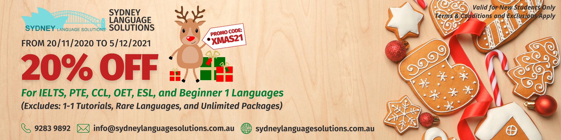 20% off language for kids, language for adults, oet, pte, ielts